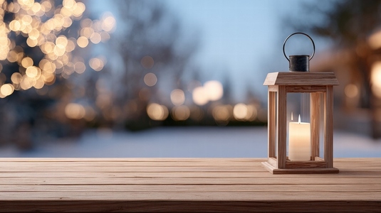 Wooden lantern candle glowing on blank wooden table  warm cozy evening outdoor ambiance