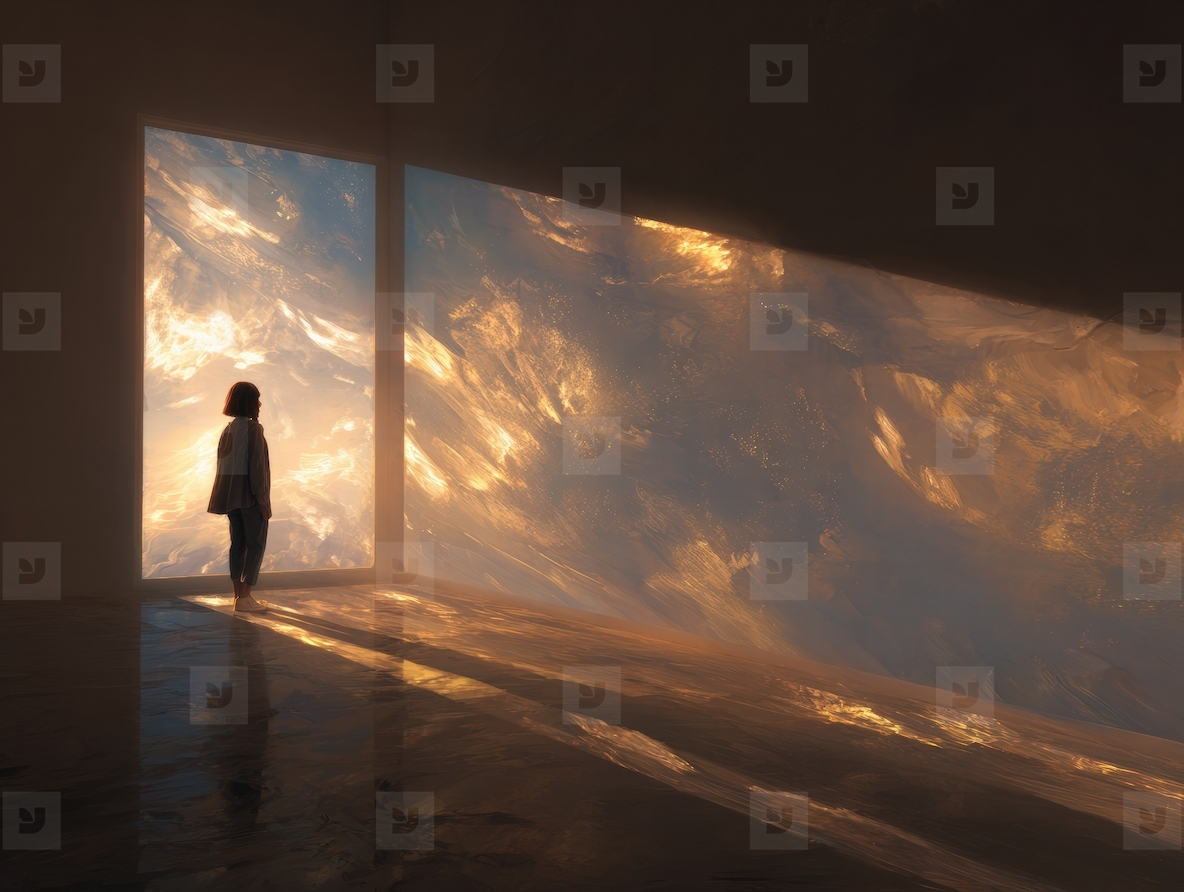 Woman silhouette window sunlight reflection dreamy surreal golden interior peaceful