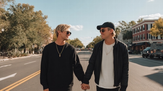LGBTQ couple walking hand in hand  smiling  casual clothing  sunny urban street  happiness