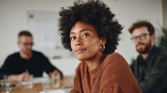 Confident businesswoman teamwork office meeting collaboration professional focus diversity