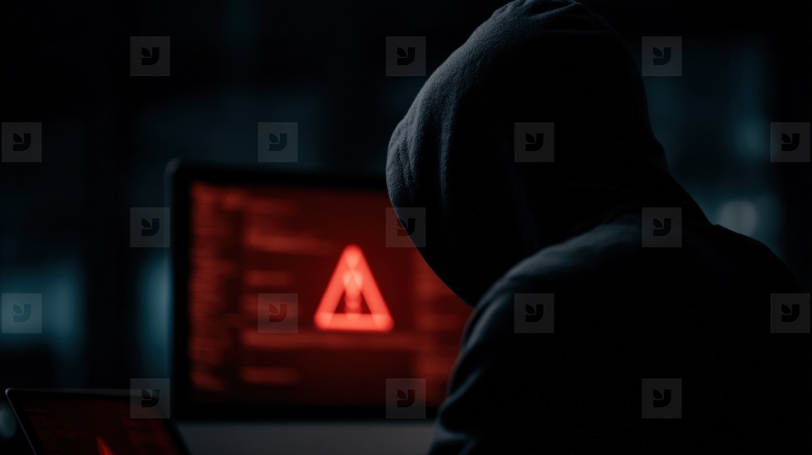 Hacker in dark room with hooded sweatshirt  red warning symbol on computer screen  cybercrime