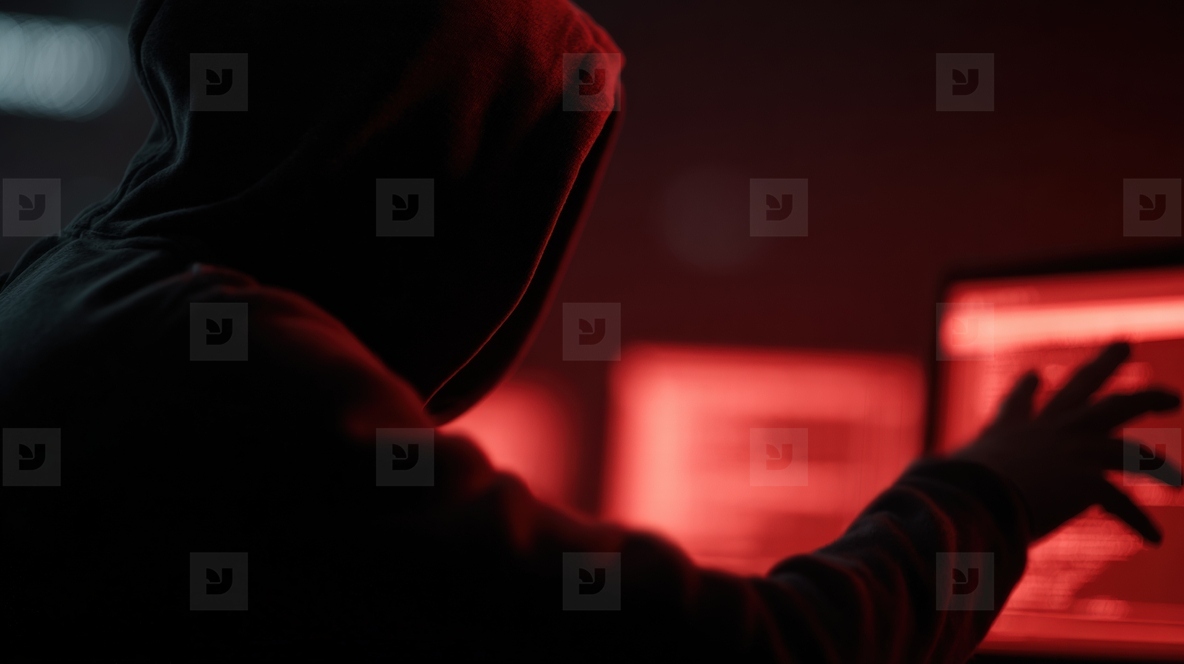 Hacker in dark hoodie reaching toward computer screen with red light cybercrime atmosphere