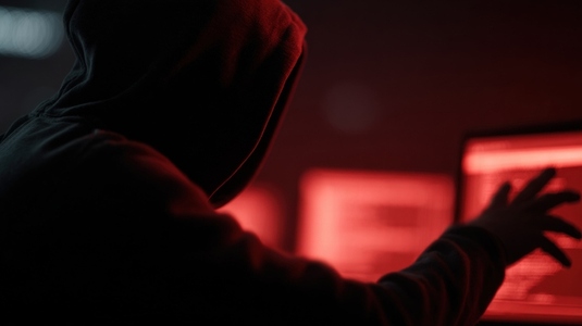 Hacker in dark hoodie reaching toward computer screen with red light cybercrime atmosphere Hacker in dark hoodie reaching toward computer screen with red light cybercrime atmosphere