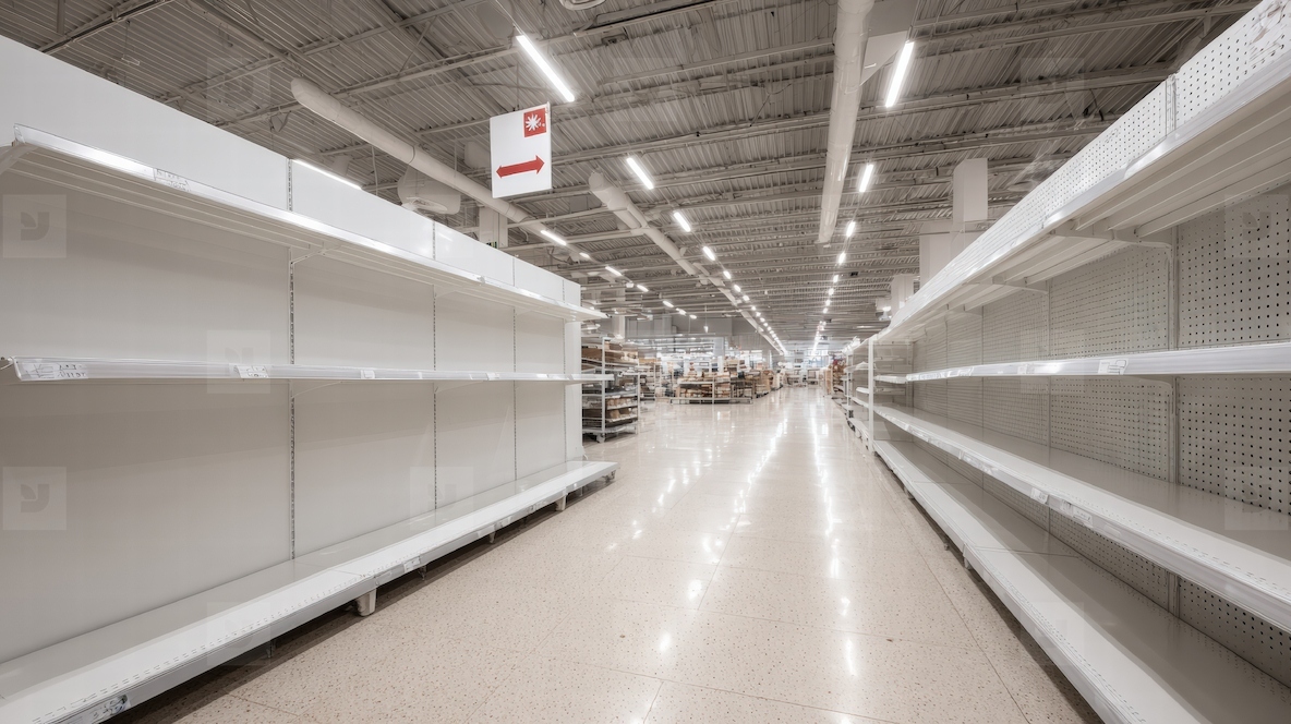 Empty shelf supermarket food shortage crisis aisle fluorescent indoor perspective Empty