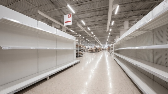 Empty shelf supermarket food shortage crisis aisle fluorescent indoor perspective Empty