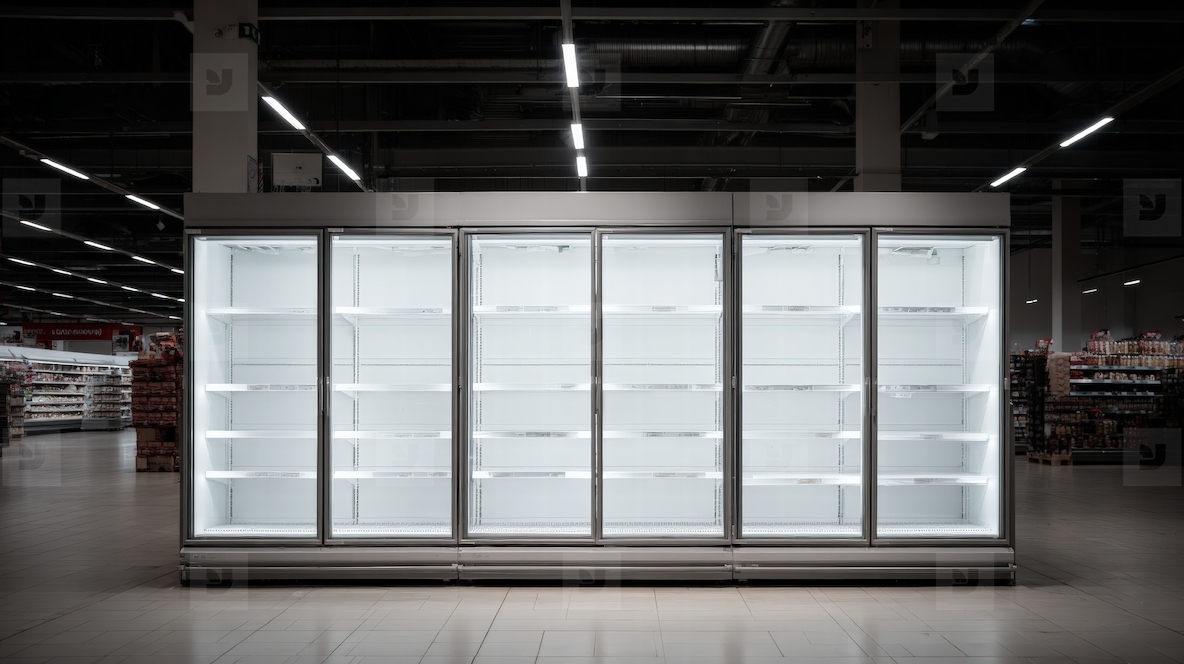 Empty supermarket shelves  food shortage  empty refrigerator  crisis  scarcity  fluorescent