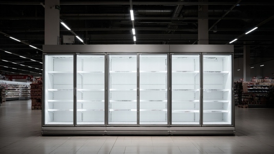 Empty supermarket shelves  food shortage  empty refrigerator  crisis  scarcity  fluorescent