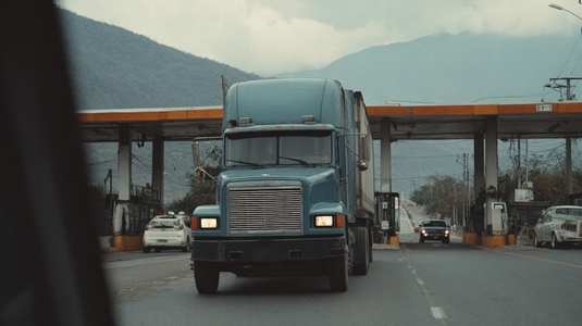 Blue truck  cargo  road  border  customs Blue cargo truck road border customs checkpoint