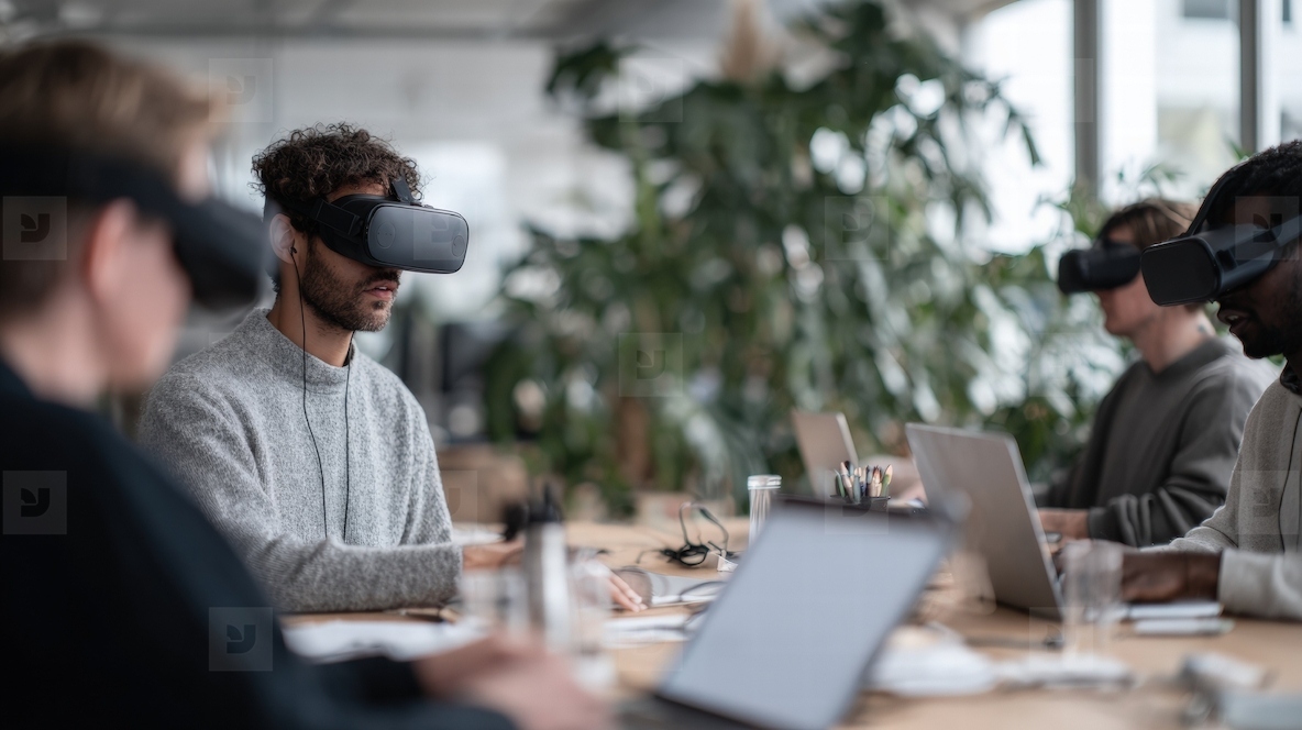 Office team wearing VR headsets collaborating with laptops in modern workspace