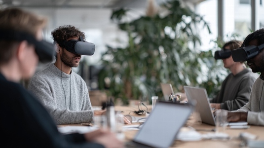 Office team wearing VR headsets collaborating with laptops in modern workspace