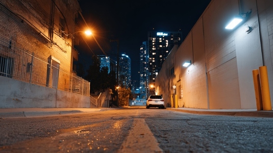 Moody cinematic lighting  empty urban alley  night  cityscape  car  dramatic atmosphere