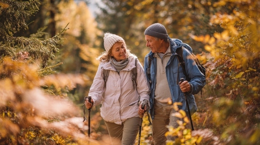Senior couple hiking autumn forest smiling outdoor adventure nature active lifestyle Senior couple hiking autumn forest smiling outdoor adventure nature active lifestyle