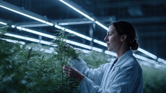 Scientist examining plant laboratory high tech green research agriculture