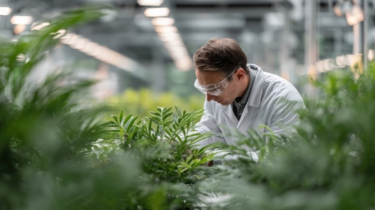 Scientist laboratory plant research technology examining green modern focused innovation