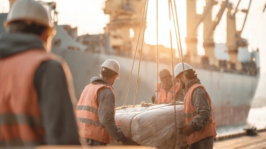 Dock worker cargo ship unloading teamwork safety vest helmet sunrise