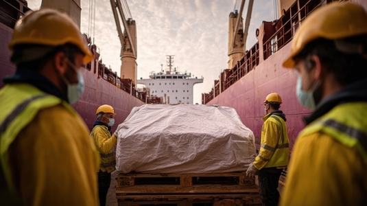 Workers unloading cargo ship  teamwork  safety  dock  industrial  shipping  logistics