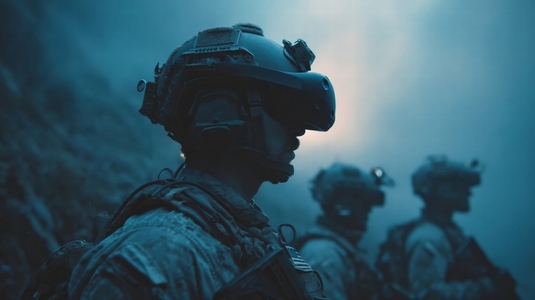 Soldier wearing virtual reality headset in surreal war scene with blue misty atmosphere