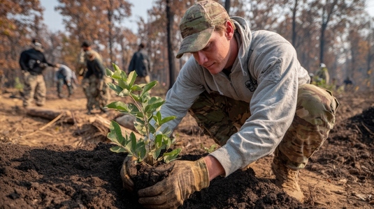 Soldier camouflage gloves planting sapling teamwork forest recovery autumn outdoor Soldier camouflage gloves planting sapling teamwork forest recovery autumn outdoor