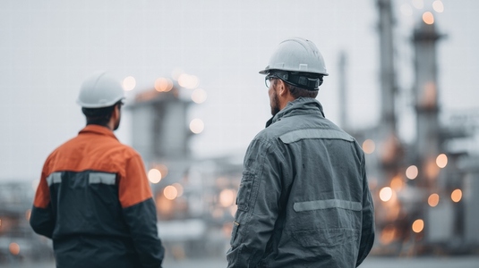 Industrial engineer safety helmet standing outdoor factory teamwork Two industrial engineer men