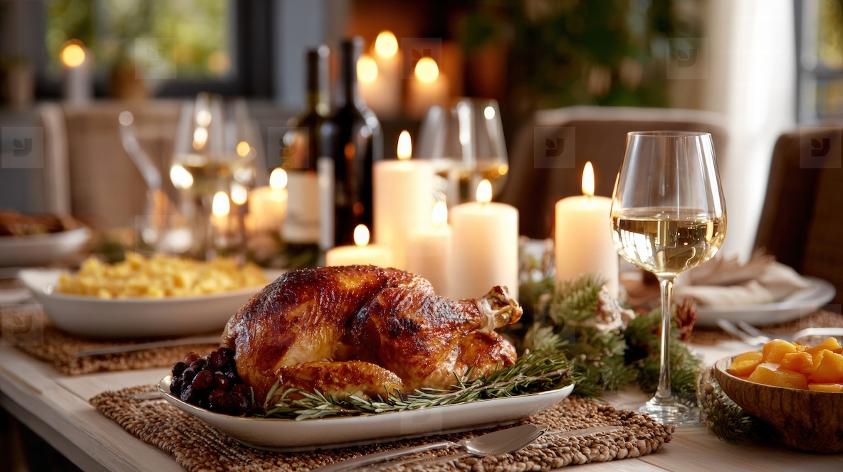 Thanksgiving dinner table with roasted turkey candlelight wine cozy festive atmosphere