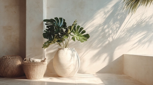 Large green monstera plant in white ceramic pot with woven baskets summer sunlight long shadows Large green monstera plant in white ceramic pot with woven baskets summer sunlight long shadows