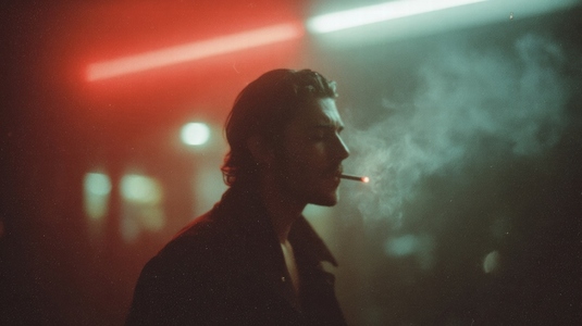 Moody silhouette man smoking cigarette  neon light  grainy analog film  night urban scene