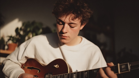 Young man guitar sunlight casual relaxed music indoor plant