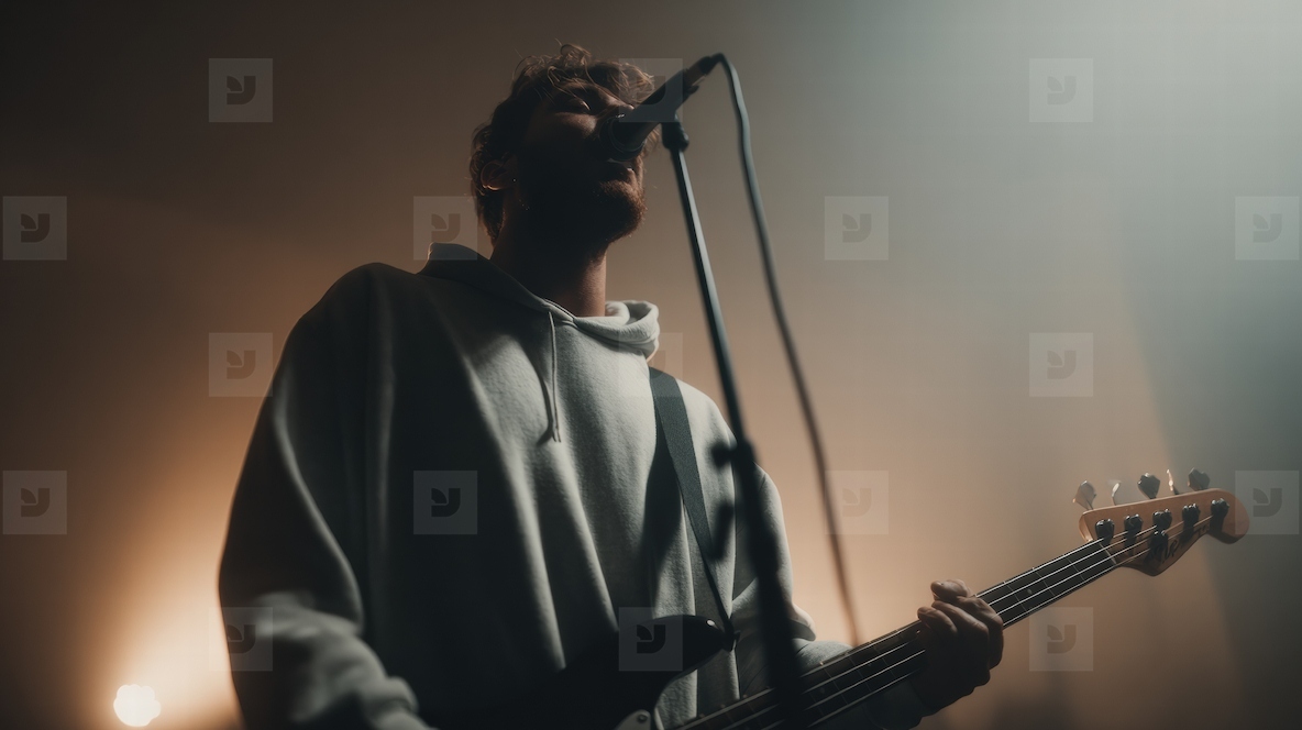 Musician guitar microphone stage hoodie moody indie performance concert live