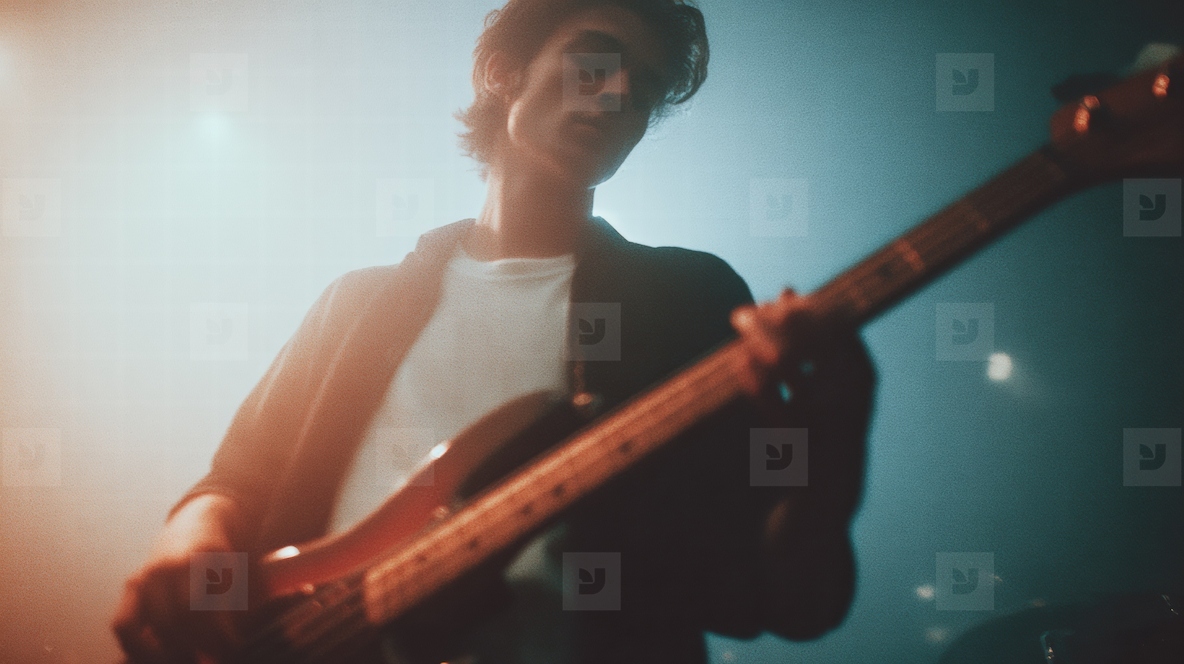 Young male musician playing electric bass guitar on stage with moody lighting  indie vibe