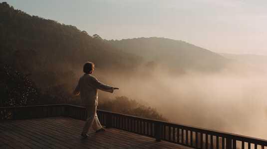 Senior woman practicing Tai Chi on wooden deck misty mountain morning peaceful serene mood Senior woman practicing Tai Chi on wooden deck misty mountain morning peaceful serene mood