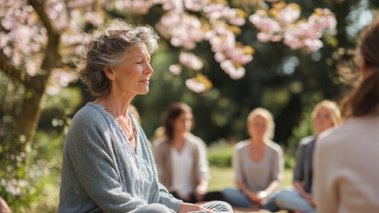 Senior woman meditating outdoors under cherry blossom tree  peaceful group session  spring day