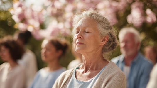 Senior woman meditating outdoors peaceful expression group session spring soft sunlight Senior woman meditating outdoors peaceful expression group session spring soft sunlight