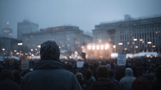 Crowd protest city square evening anti war peaceful demonstration urban