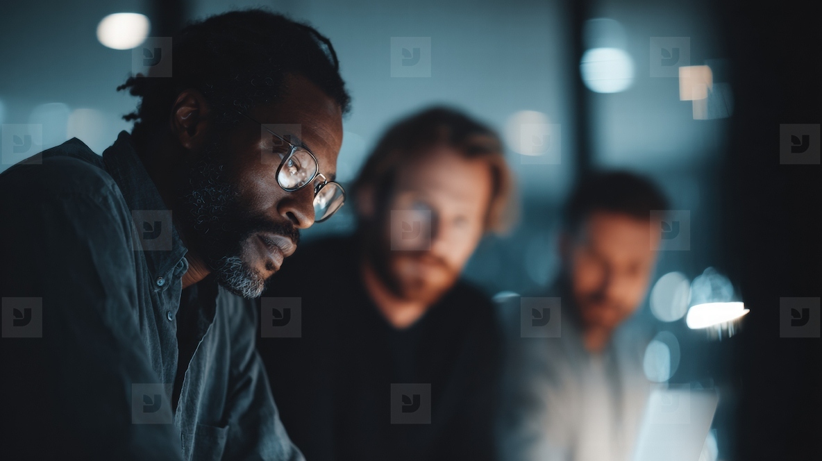 Businessman office teamwork technology night focused collaboration professional serious modern