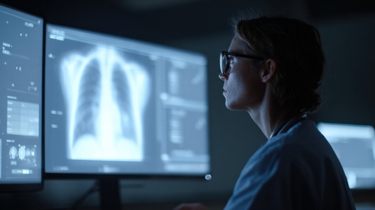 Doctor analyzing chest x ray on computer screen in dark room  focused and professional mood
