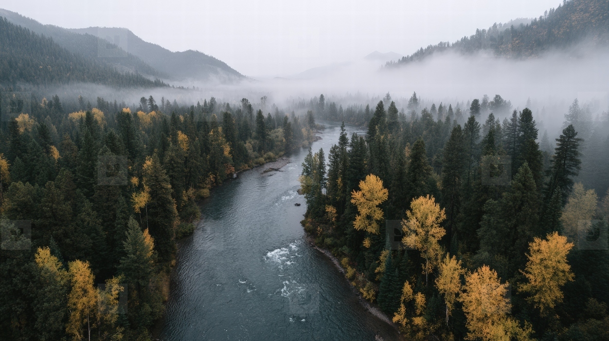 Aerial river autumn forest misty mountain tranquil landscape serene nature