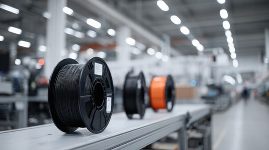 Filament spool plastic black orange factory production industrial blurred background