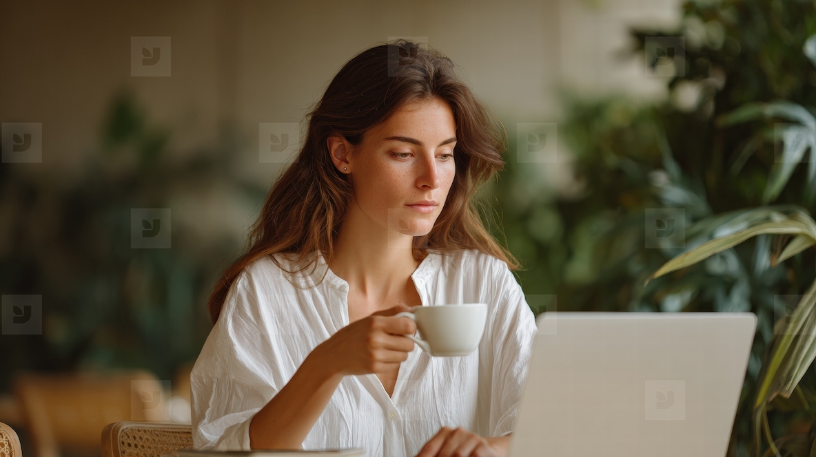 Young woman laptop coffee cafe working relaxed natural light greenery focused