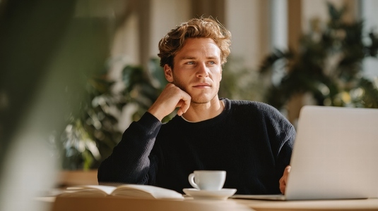 Young entrepreneur working in cafe with laptop  thoughtful  natural light  casual style