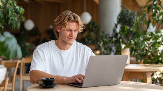 Young man working laptop cafe relaxed casual entrepreneur remote workspace natural light