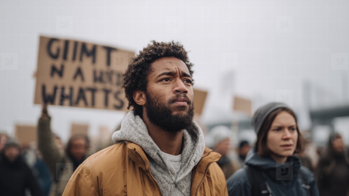 Protest activist climate change diverse crowd outdoor urban Diverse activist crowd climate