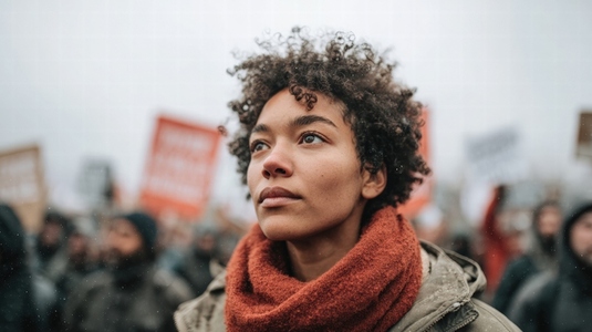 Young woman curly hair red scarf outdoor protest climate change diverse determined Young woman