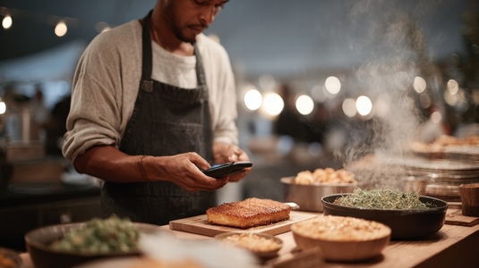 Man apron street food mobile payment outdoor evening warm light casual