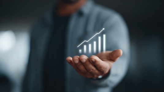 Businessperson holding holographic chart growth success technology innovation progress Businessperson holding holographic chart growth success technology innovation progress