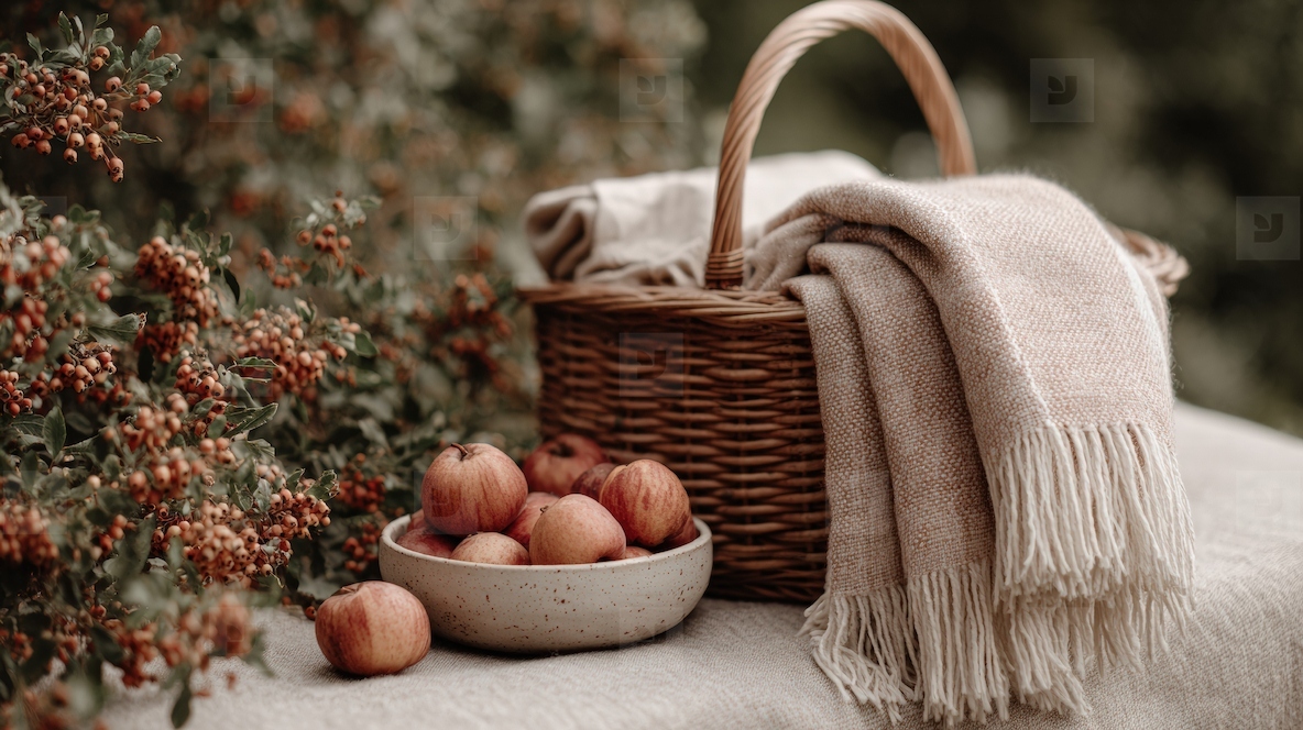 Wicker basket cozy blanket autumn apple outdoor picnic rustic style warm atmosphere