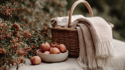 Wicker basket  cozy blanket  autumn apple  outdoor picnic  rustic style  warm atmosphere
