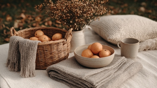 Cozy autumn picnic with oranges basket blanket pillow and warm neutral tones outdoors Cozy autumn picnic with oranges basket blanket pillow and warm neutral tones outdoors