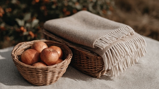 Wicker basket apple blanket autumn picnic cozy outdoor nature