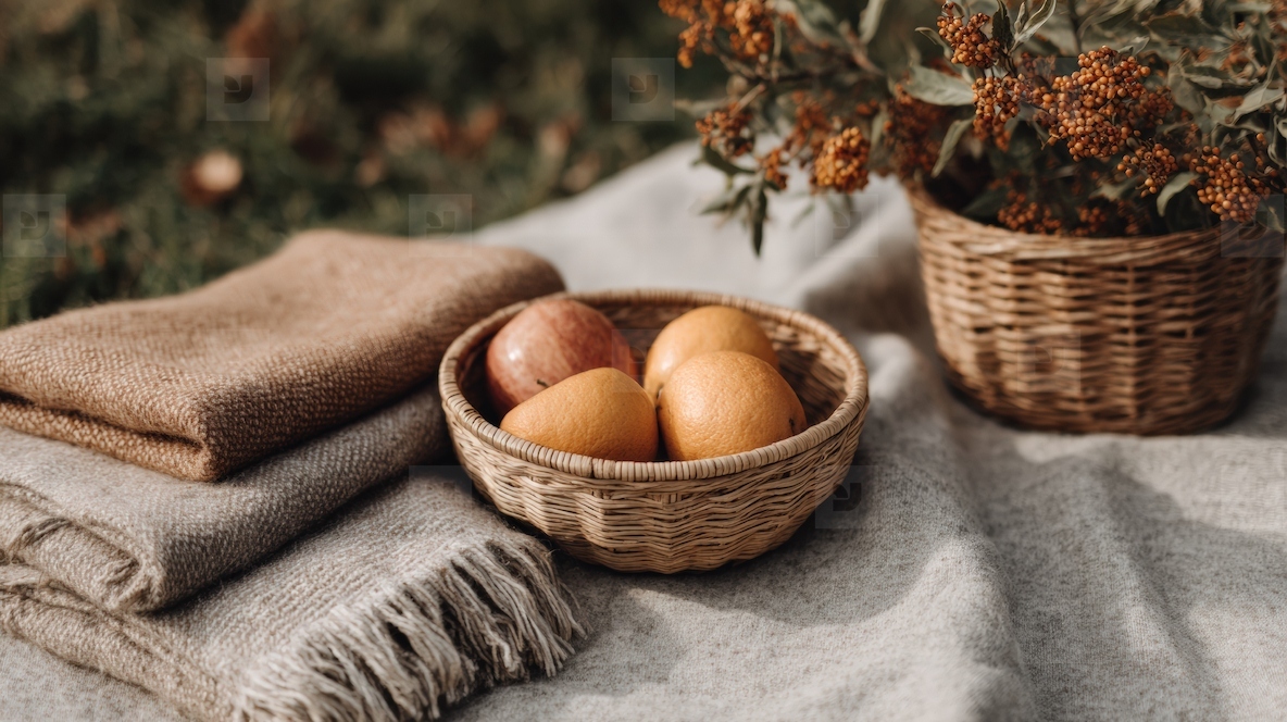 Wicker basket with apples and pears on cozy blanket autumn picnic in park warm natural light