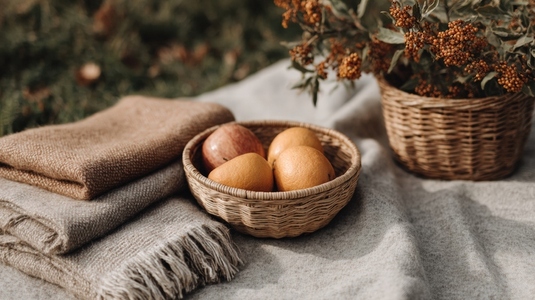 Wicker basket with apples and pears on cozy blanket  autumn picnic in park  warm natural light
